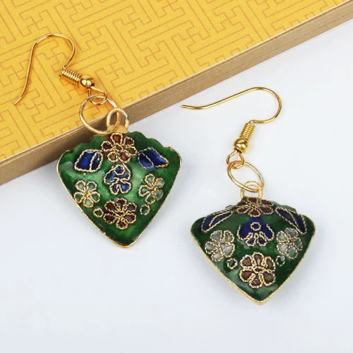 Adia Vintage Enamel Drop Earrings - Green Heart Shape