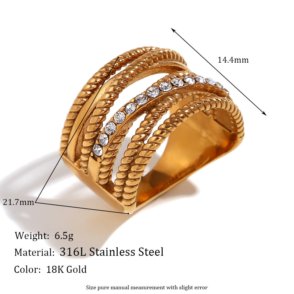 Avri Geometric Ring Collection - Multi-Layer Cross Rhinestone Twisted Hollow Ring - Gold - Size 7 [93234GH1]