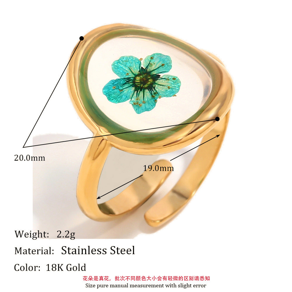 Eniola Vintage Gold Flower Ring - Green Dried Flower Acrylic Ring - Gold [HPDZ9MTF]