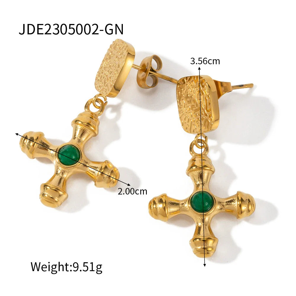 Jezebel Tiger Eye Cross Earrings - Green