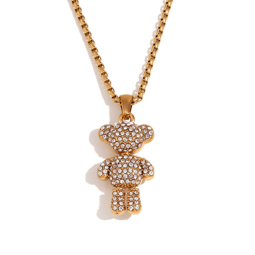 Lucienne Pave Bear Pearl Necklace - Square Pearl Chain Pave Standing Bear Pendant Necklace - Gold [UWRO5TUD]