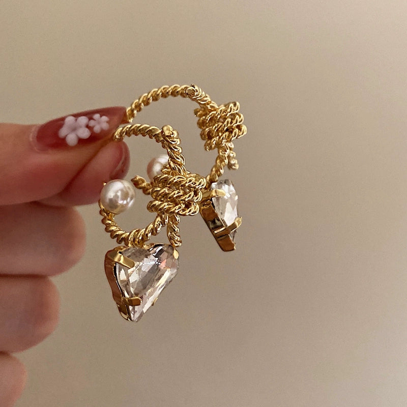 Mikenna Pearl Heart Earrings - Golden Heart Crystal Silver Needle [N41WIEF8]