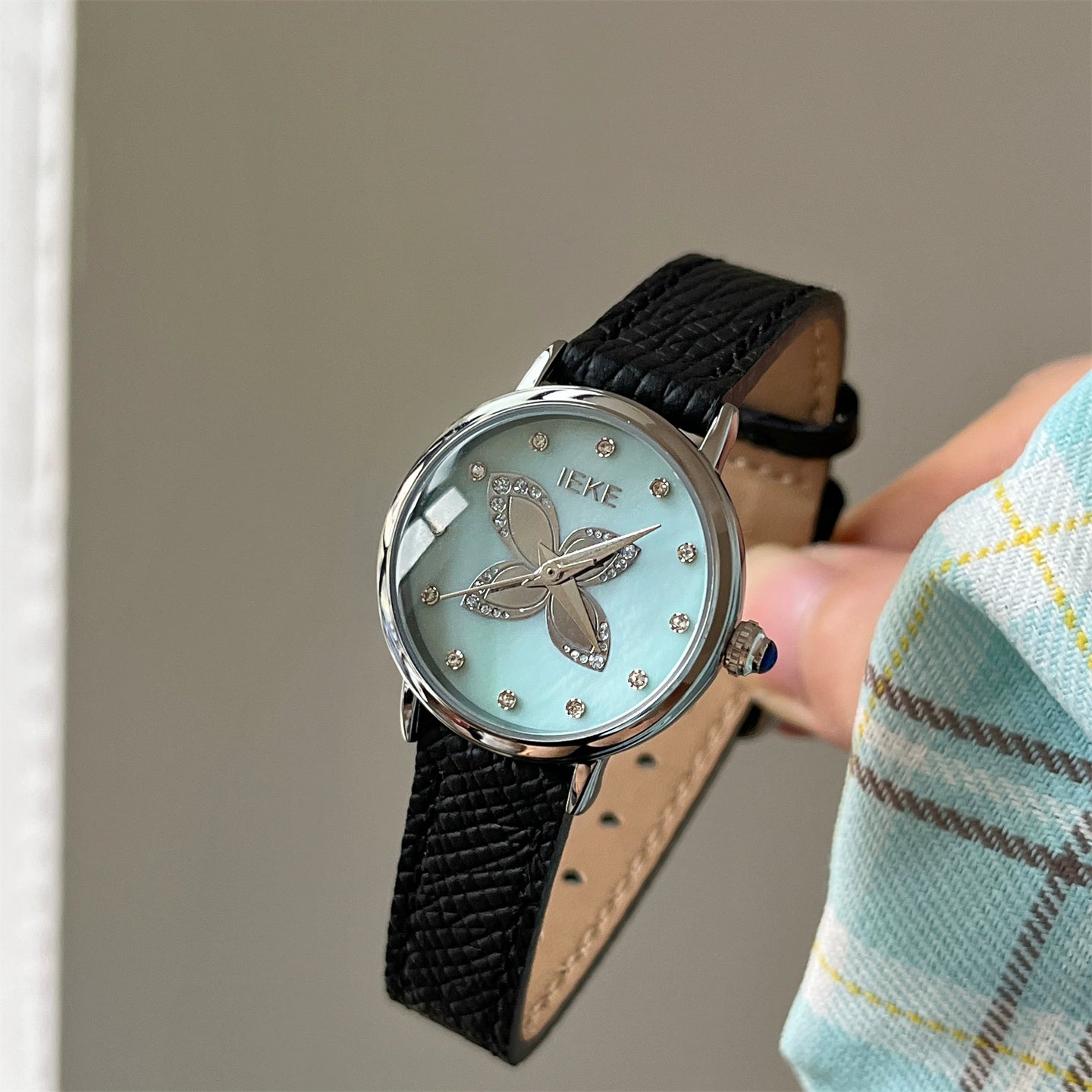 Lacy Butterfly Rhinestone Watch - Black Strap Silver Frame Green Face [49WA2FE0]