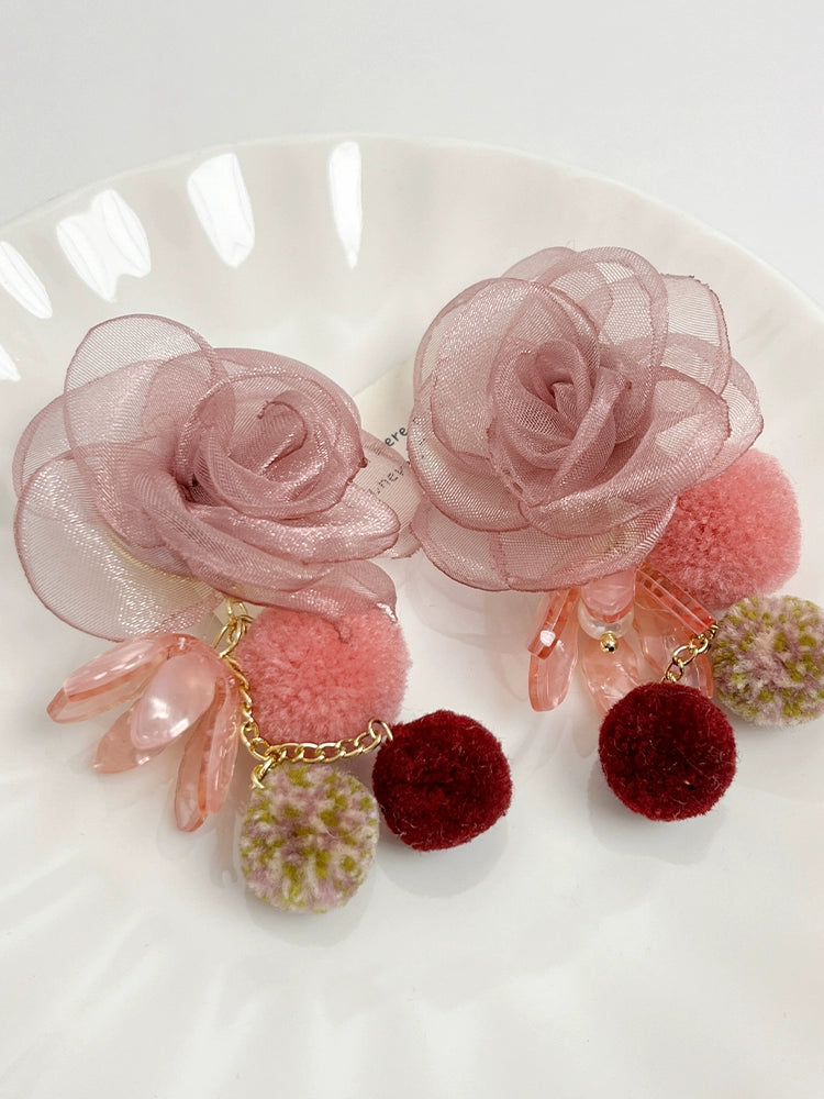 Maya Sheer Floral Pearl Earrings - Mesh Flower Earrings (Pair) [3PN2PR43]