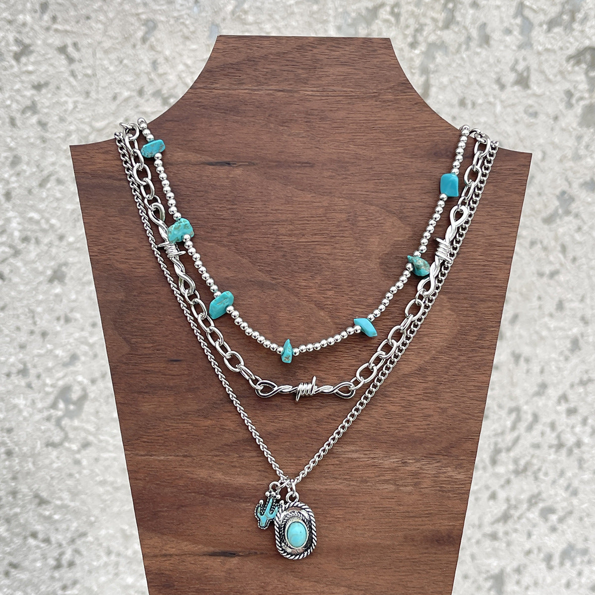 Yahaira Retro Cactus Layered Necklace - Silver Style [Q1JMYNMB]