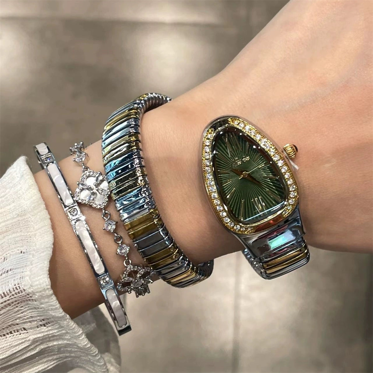 Ciera Serpentine Crystal Watch - Two-tone Green and Gold