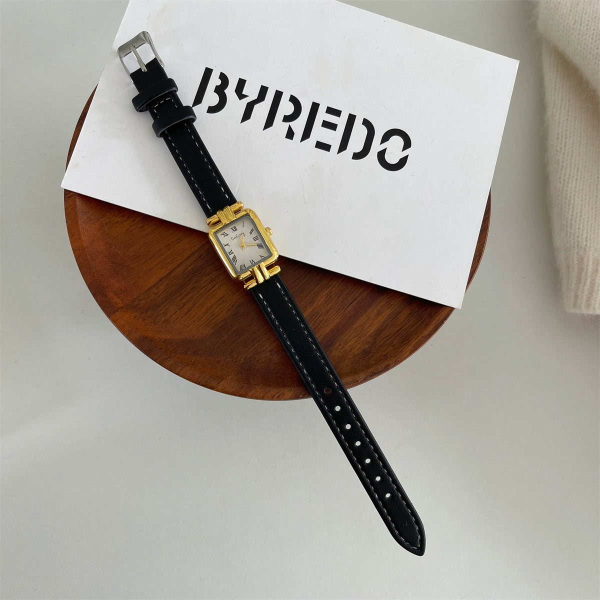 Jailyn Petite Square Watch - Black Strap Gold Frame White Face [XG8N9952]