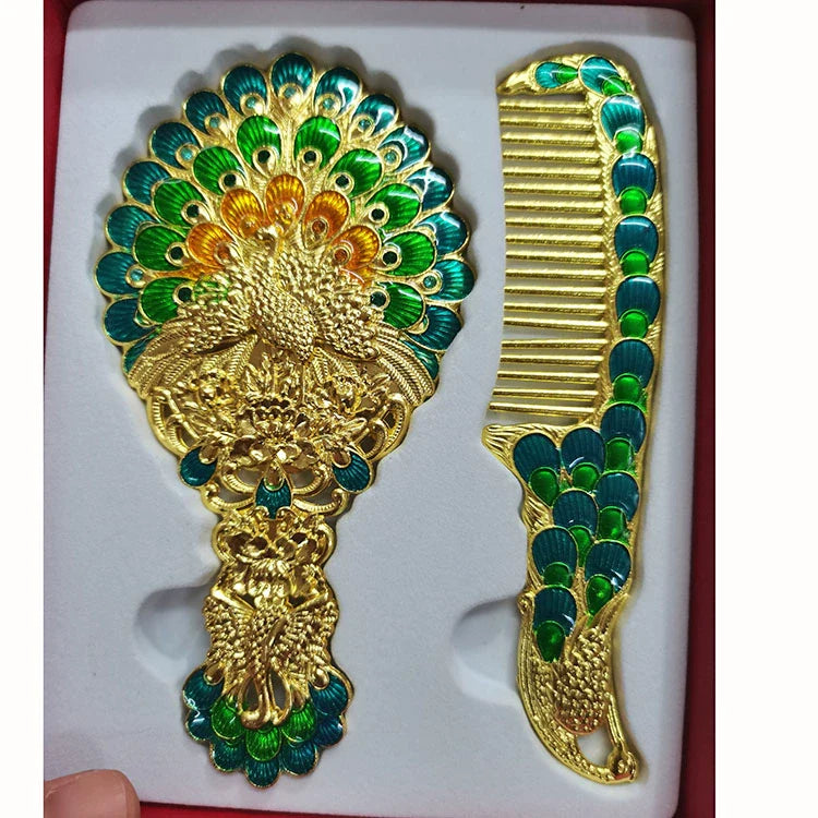 Hillary Vintage Mirror Set - Golden Spreading Tail Peacock - Red Box