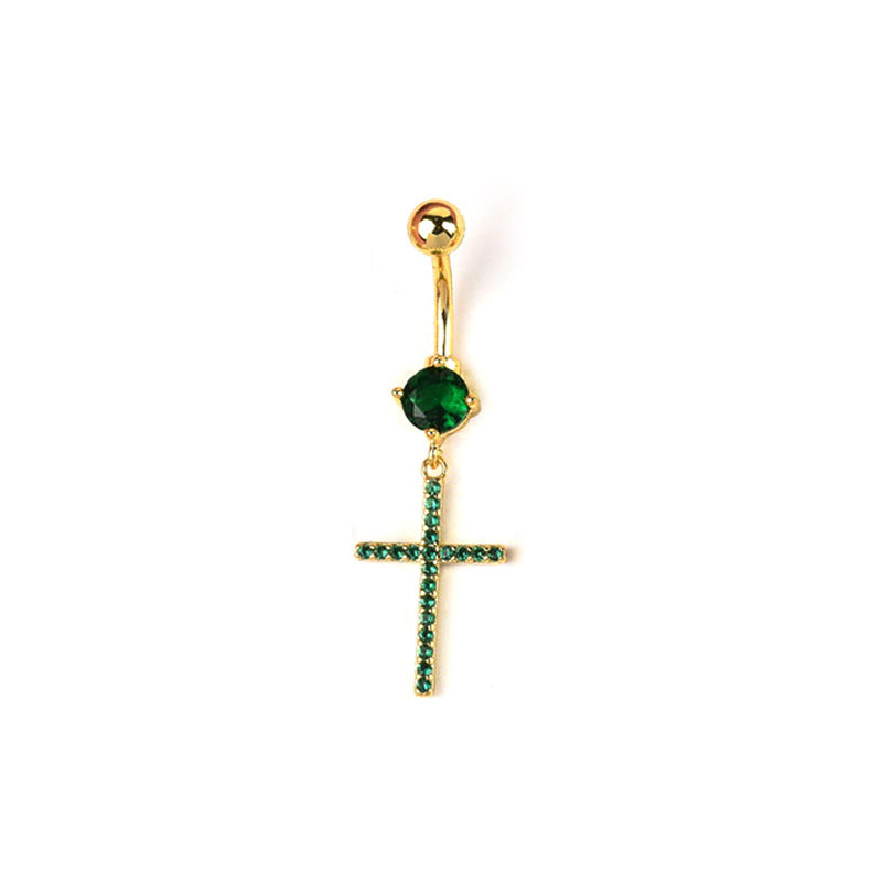 Catherine Zircon Cross Navel Ring - Green (18k Gold) [IAIDFUKC]