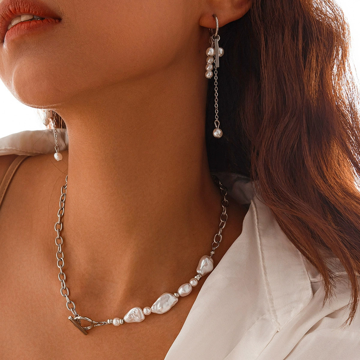 Kamilah Baroque Pearl Jewelry Set - Necklace & Earrings Silver [JXP06BXN]