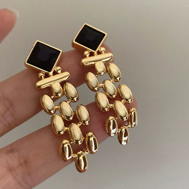 Samiya Gold Plated Black Gemstone Statement Earrings - Gold [JHR6U4CJ]