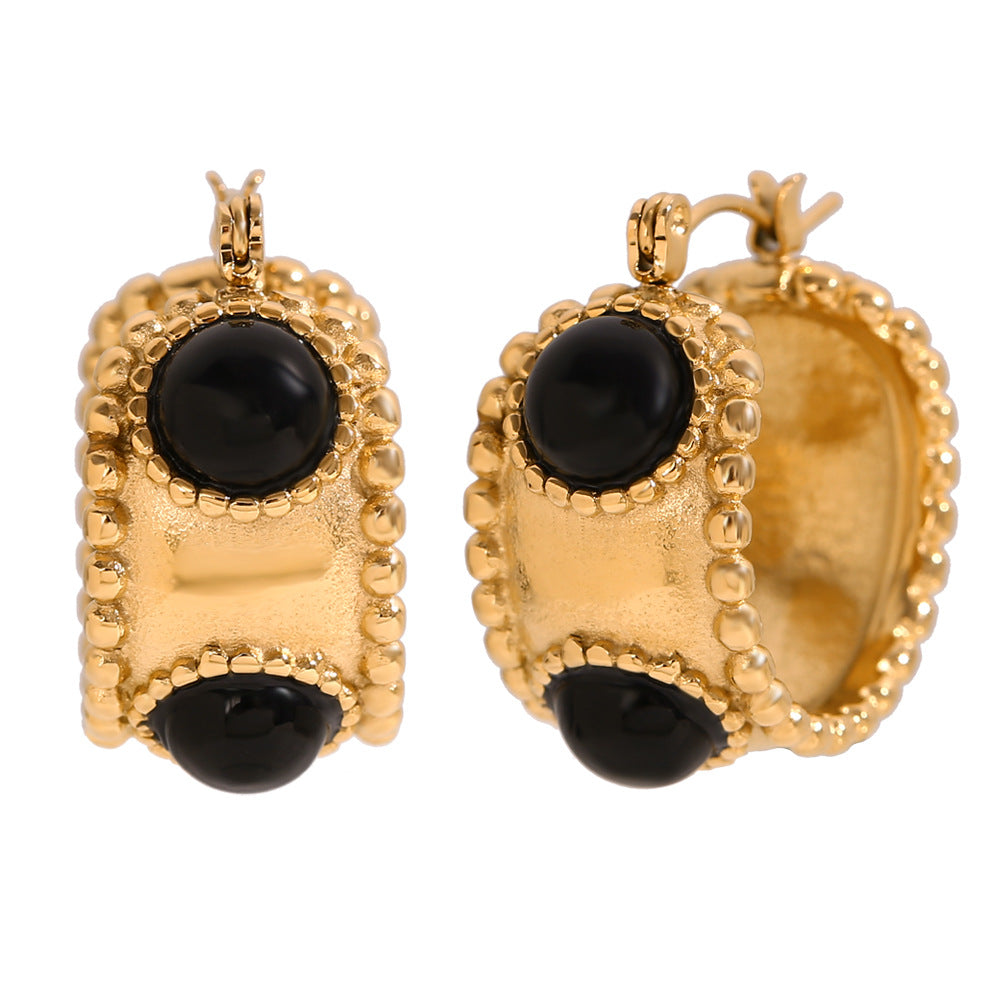 Miliani Irregular Geometric Earrings - Beaded Round Natural Stone Earrings - Gold - Black Agate [OUWXIZT4]