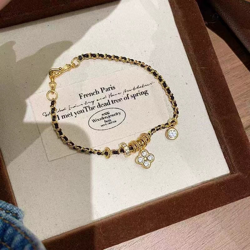 Bentleigh Woven Clover Charm Bracelet - Flower Black Gold Bracelet