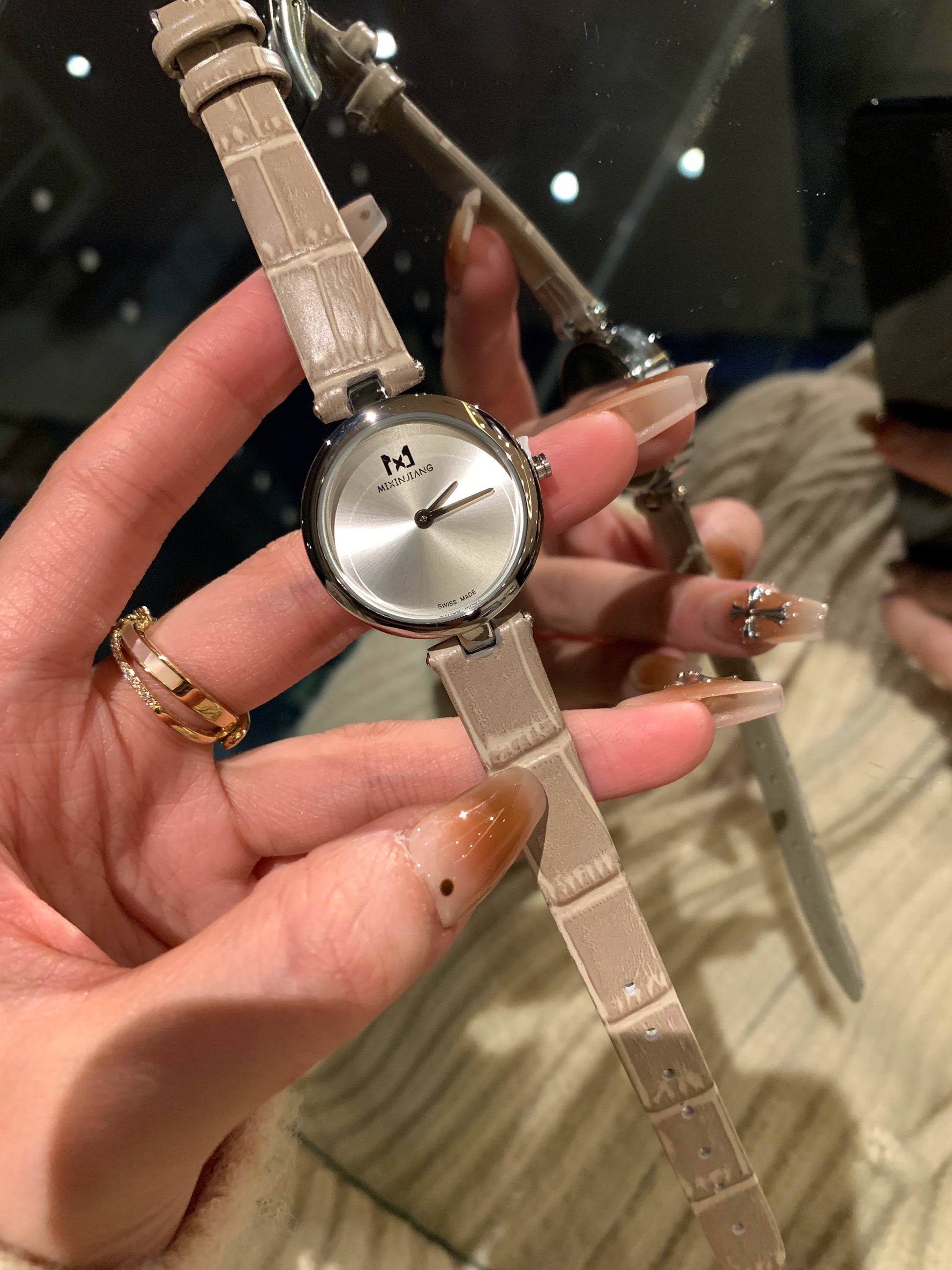 Elara Delicate Round Watch - Silver Dial, Grey Textured Strap [KNAWH6L4]