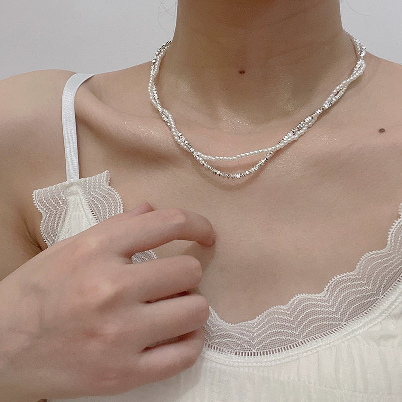 Zanaya Pearl & Silver Layered Necklace - Entwined Pearl Silver Necklace