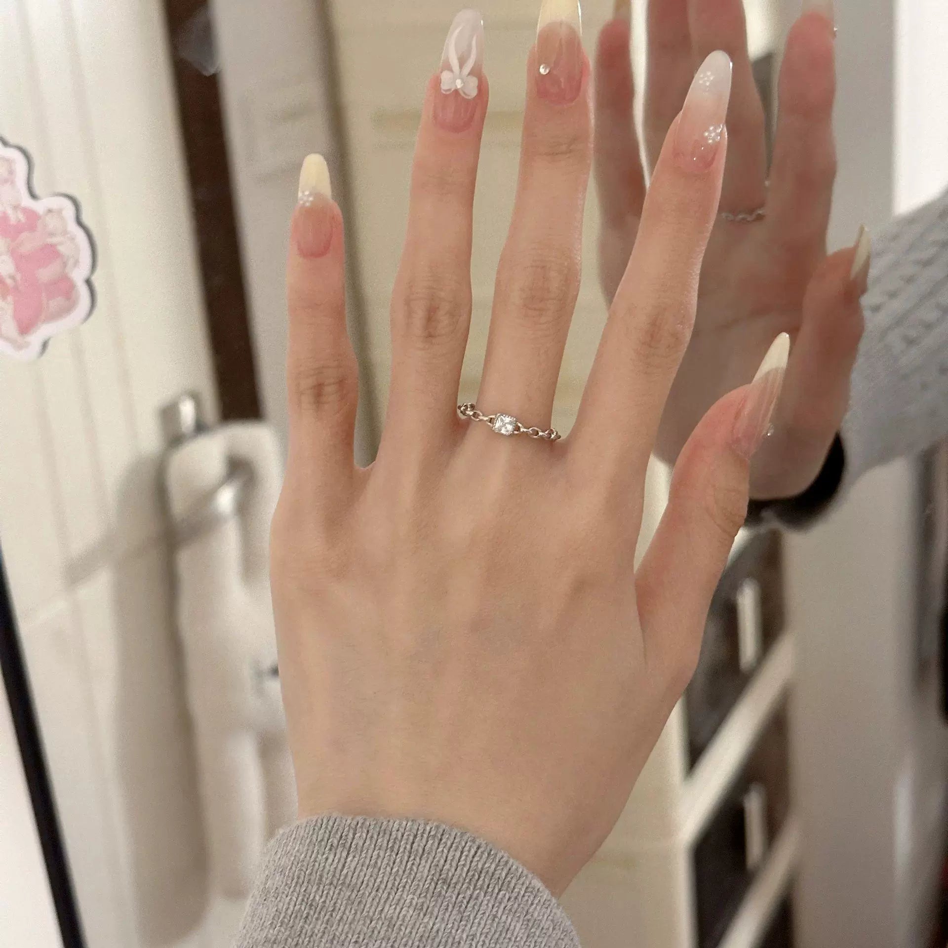 Amairany Square Crystal Chain Ring - White Crystal Chain Ring (Adjustable)