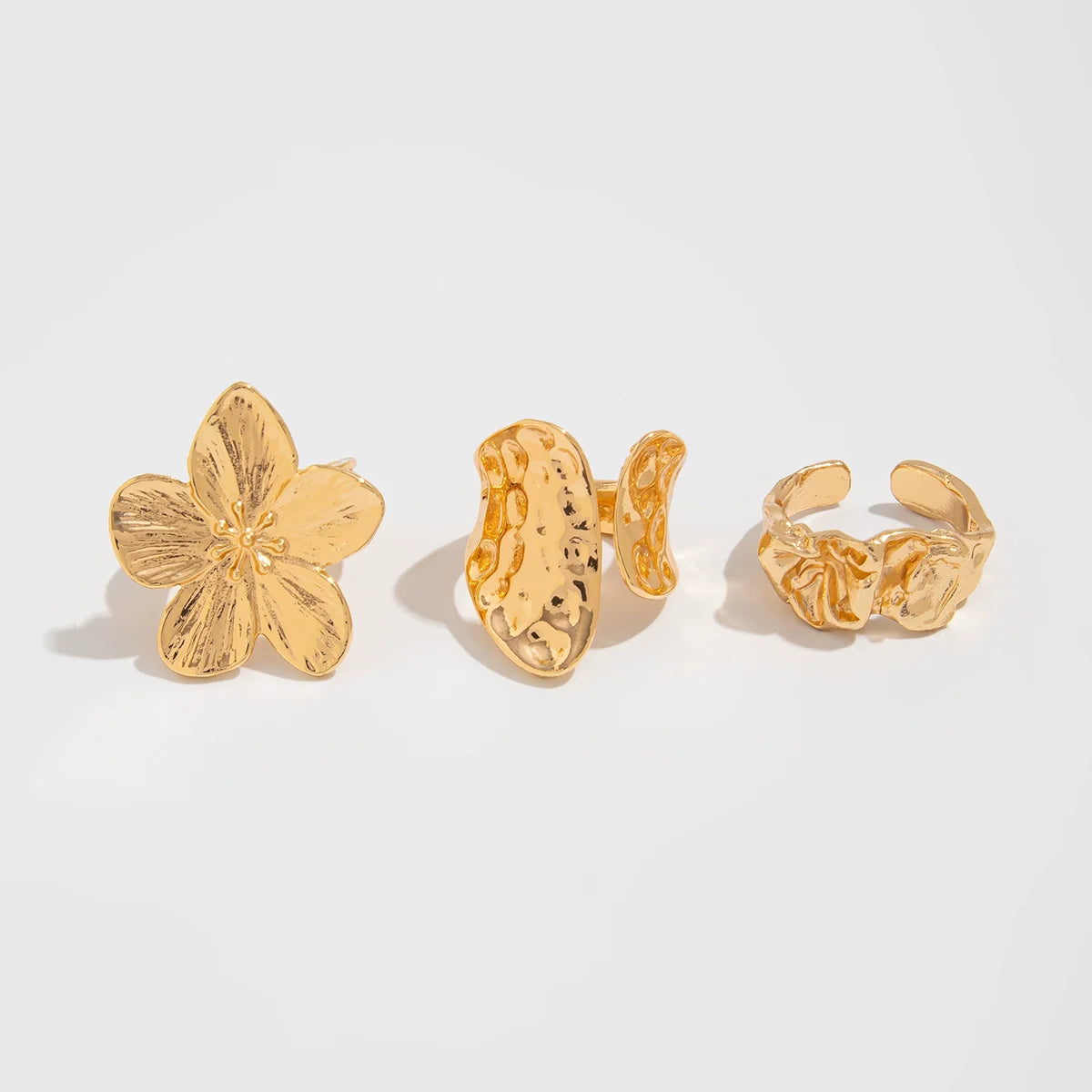 Fatimah Bloom & Teardrop Ring Trio - Light Gold Pleated Flower