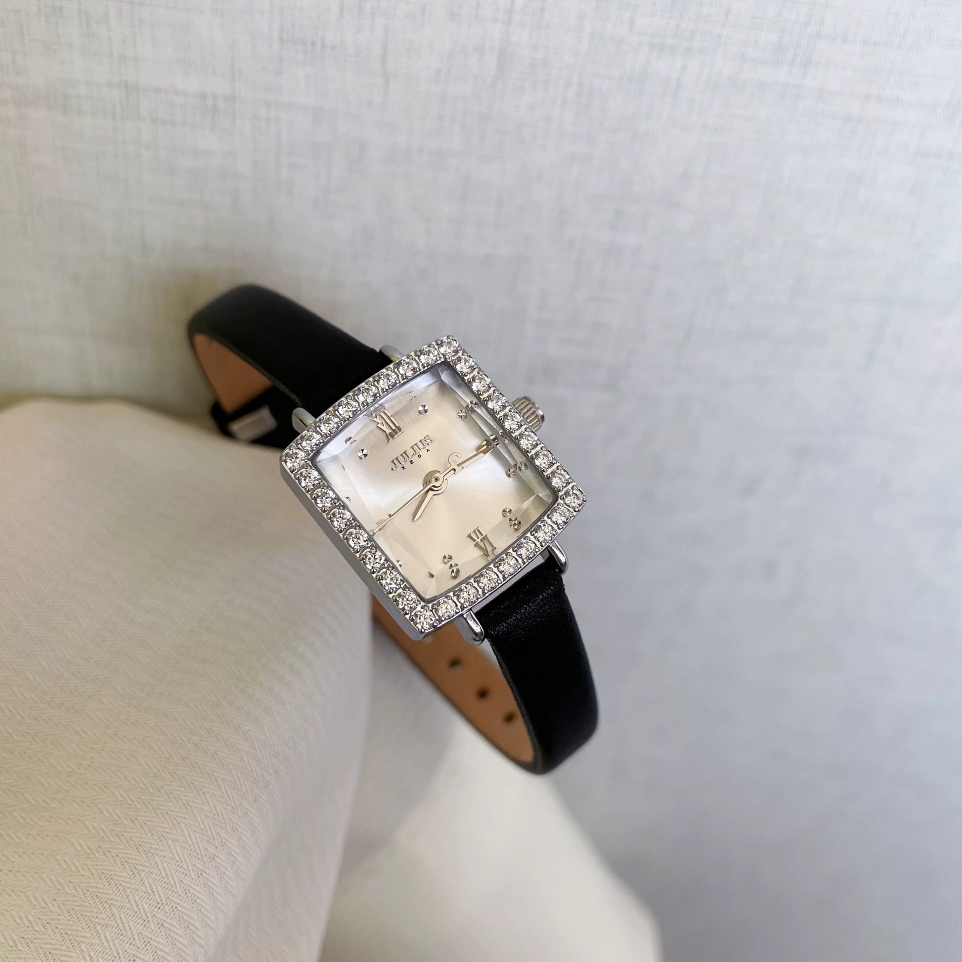 Ameliah Square Rhinestone Watch - Silver Case Black Strap
