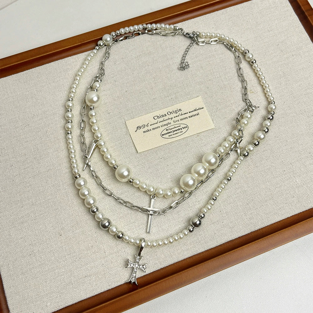 Kristi Layered Cross Necklace - Multi-layer Beaded Cross Necklace [8Z23DLAD]