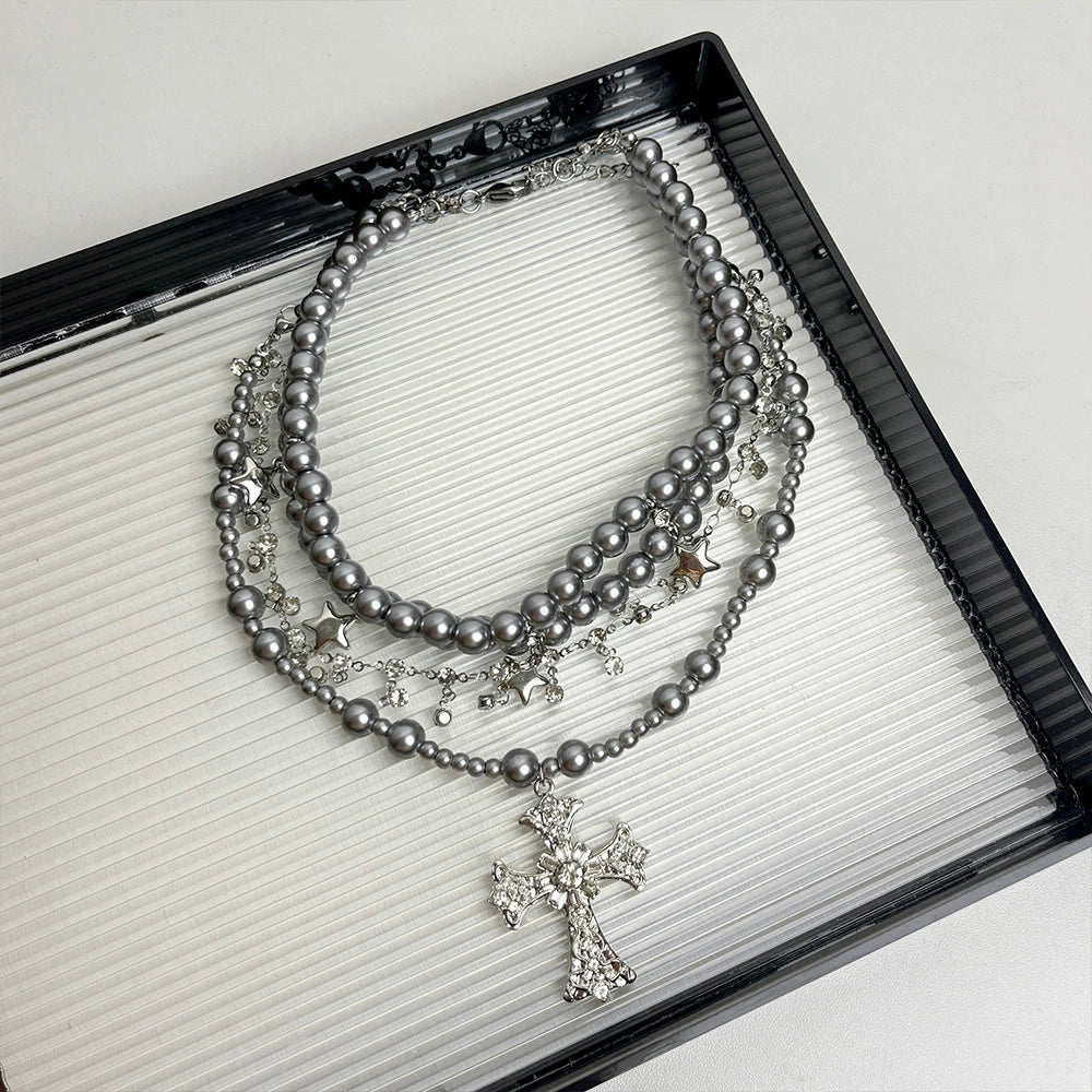 Joy Layered Pearl Cross Choker - Multi-layer Pearl Cross Necklace [K8H9P949]