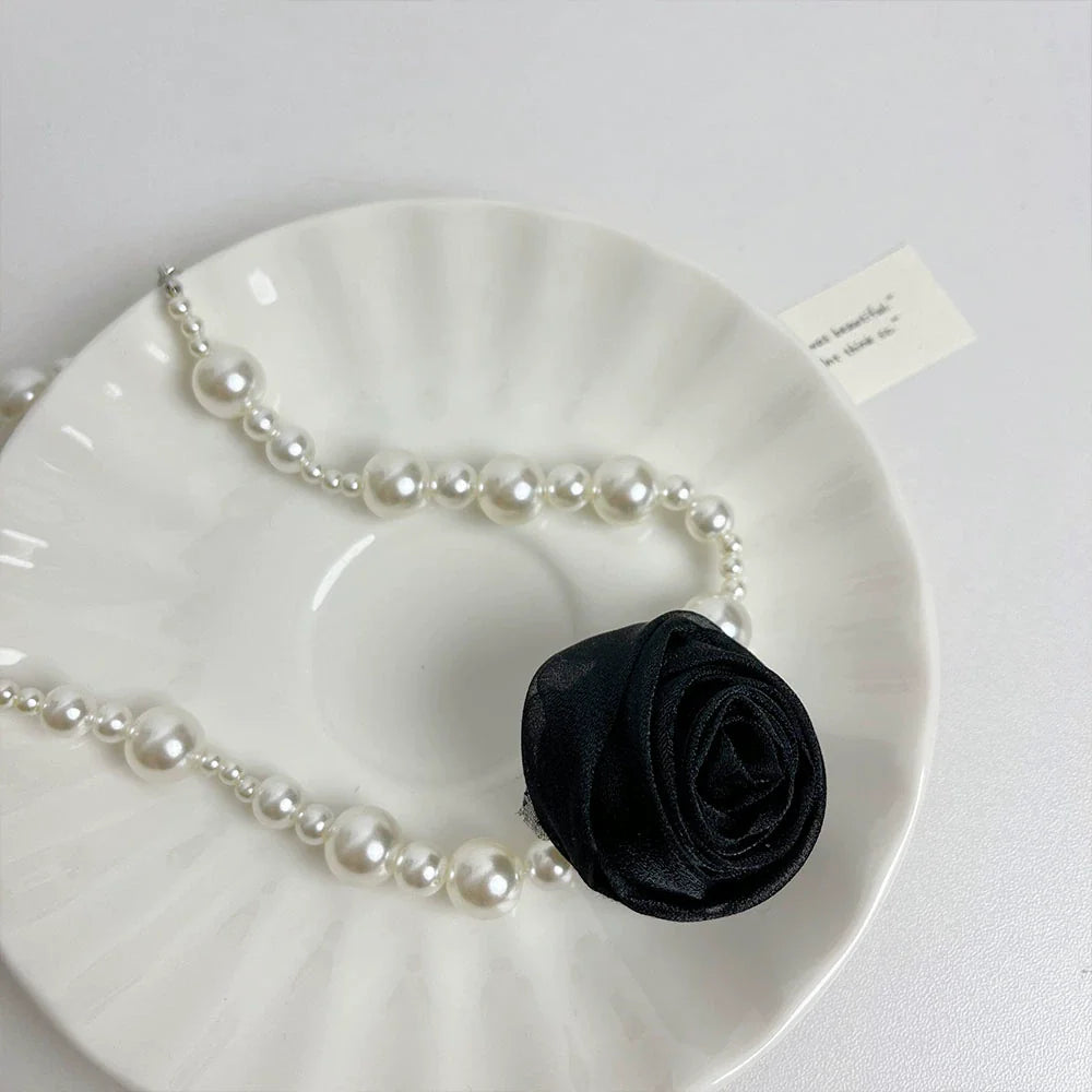 Sahasra Romantic Pearl Choker - Black Floral Pearl Necklace