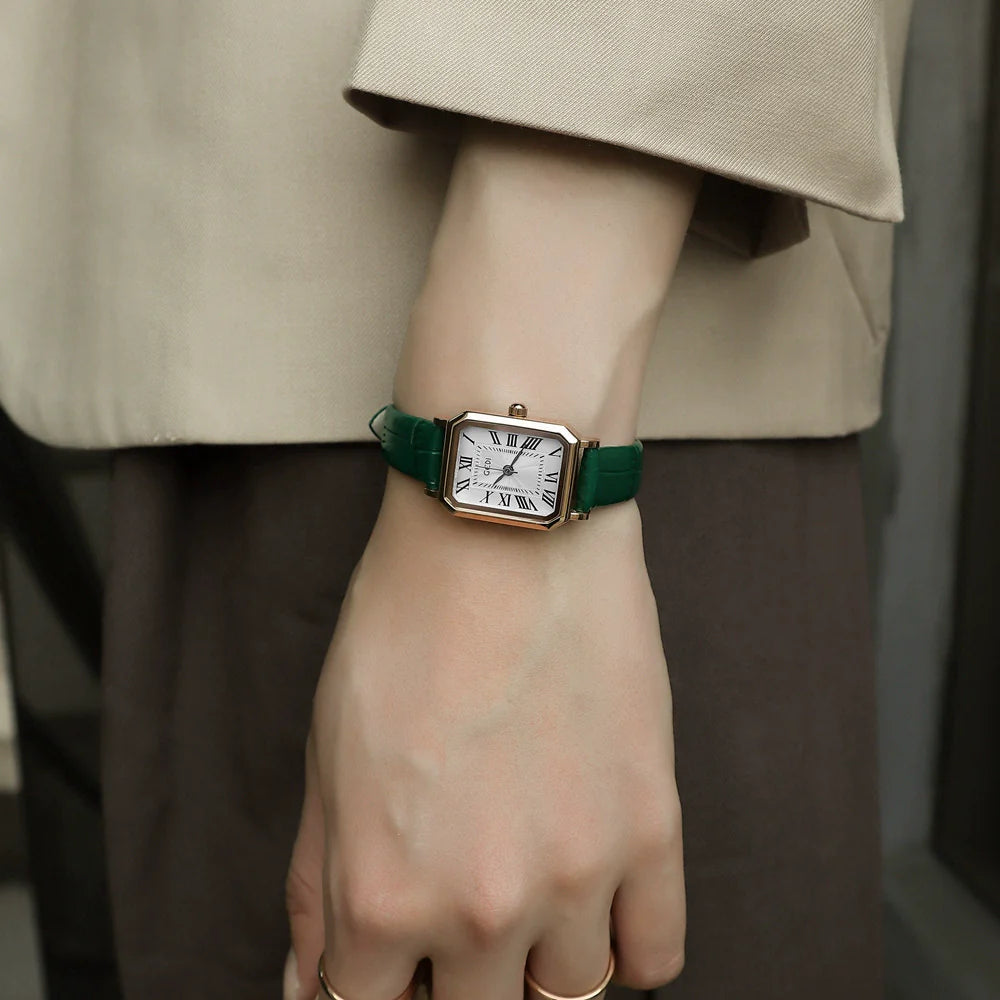 Jhene Retro Square Leather Watch - Emerald Green