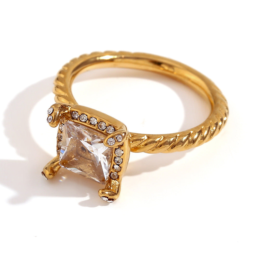 Asa Gold Retro Rings - Square Cut Zircon Twisted Band Ring - Gold White Zircon - Size 6 [WSUBA7XZ]