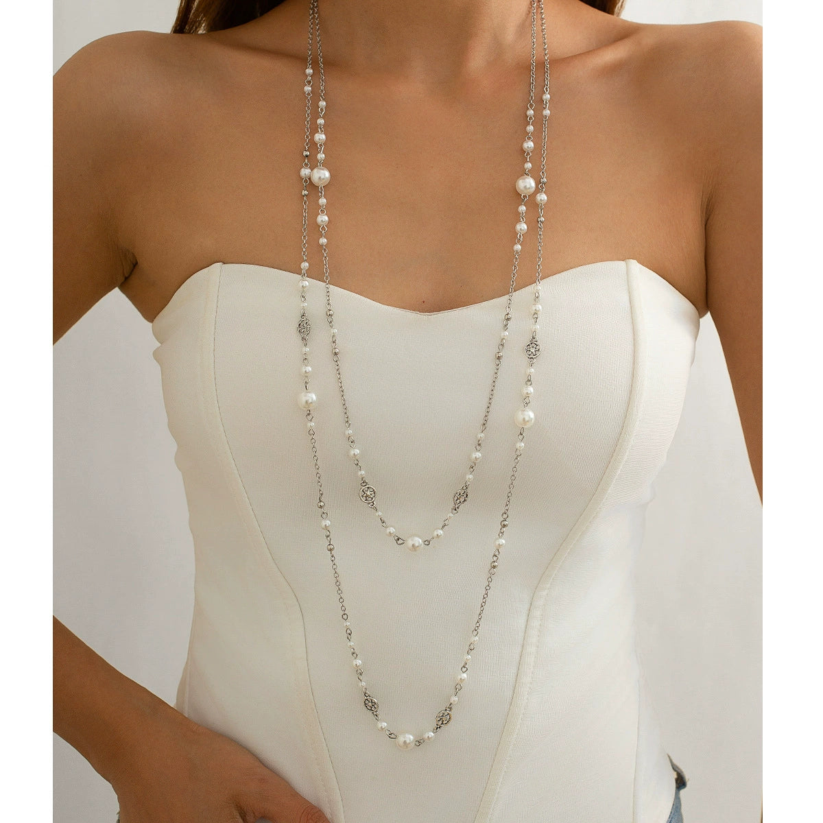 Alicen Pearl Star Chain Necklace - Silver Tone [EE9Z8VU0]