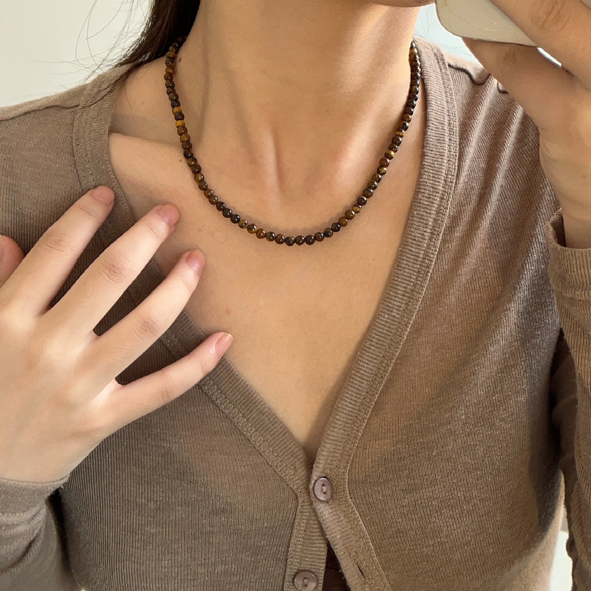 Domenica Tiger Eye Beaded Necklace - 4mm Tiger Eye Necklace