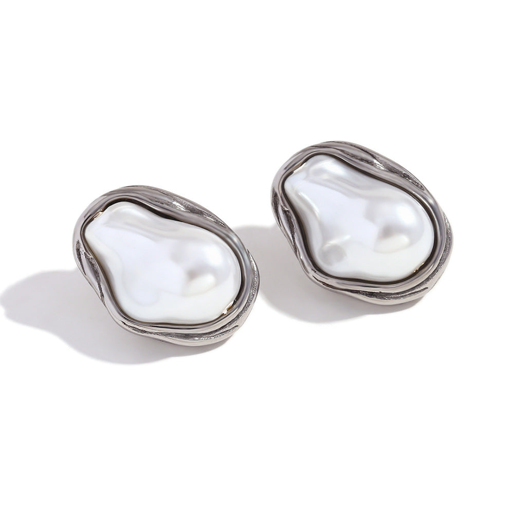 Hawa Baroque Pearl Necklace & Earrings - Irregular Baroque Pearl Stud Earrings - Steel [2TX2KGWK]