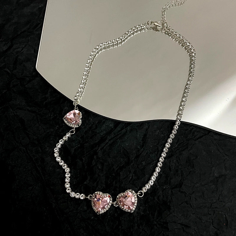 Rylynn Pink Pave Necklace - Three Pink Hearts