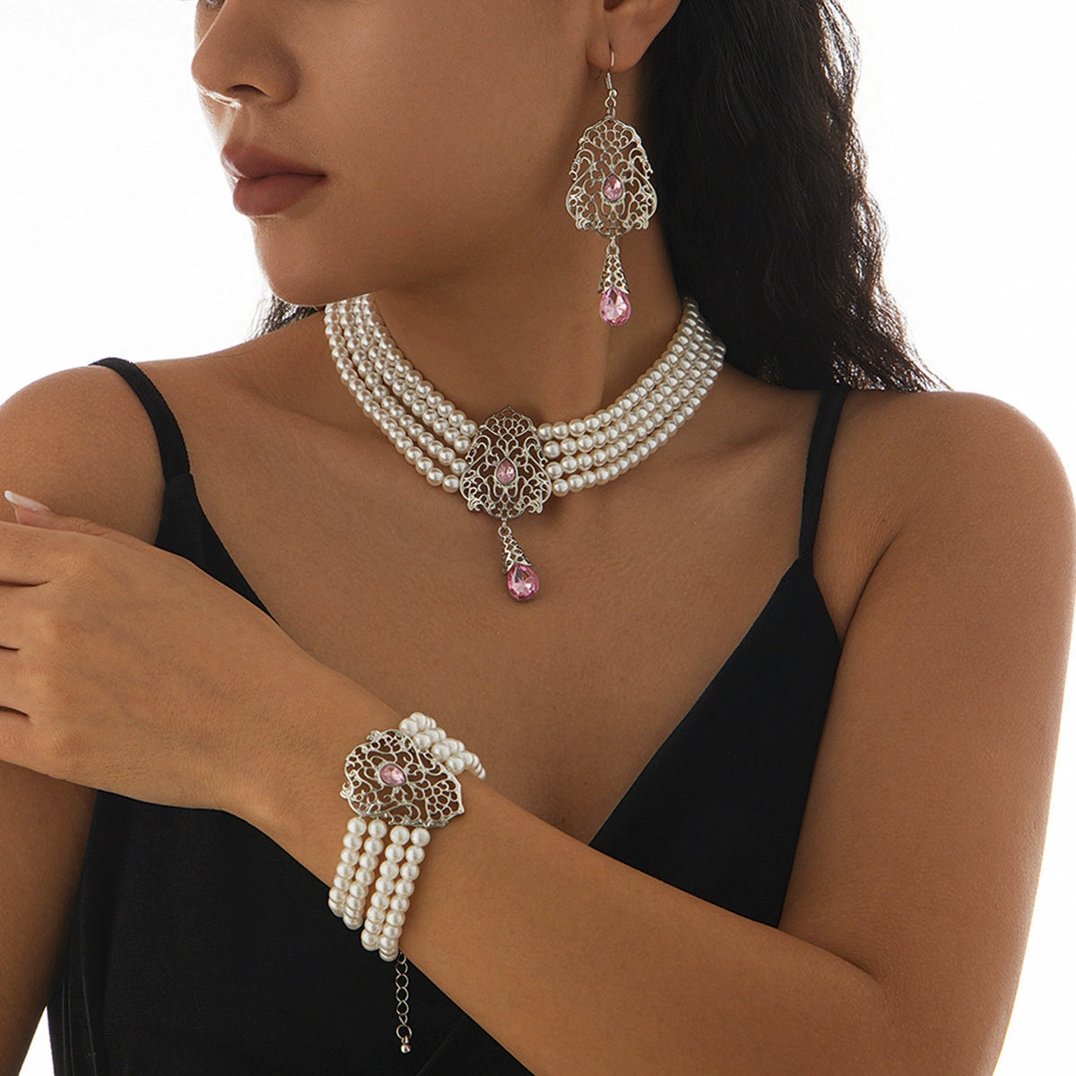 Lou Pearl Floral Collar Necklace - Silver-tone & Pink (Style A) [ESLI33AW]