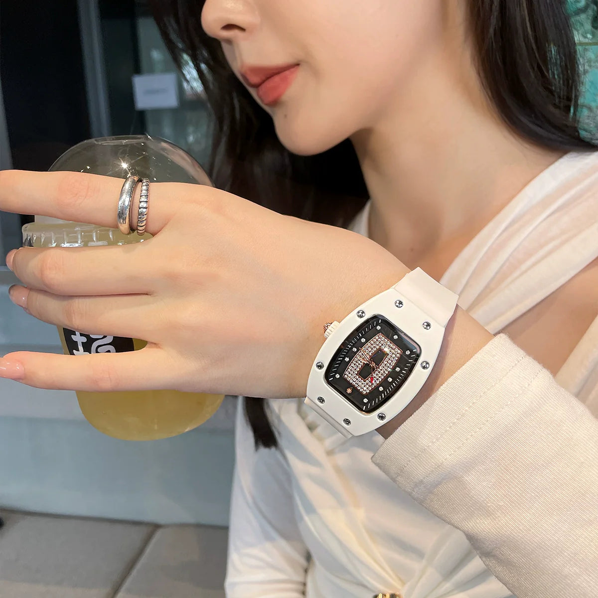 Emryn Crystal Barrel Watch - White Rose Gold
