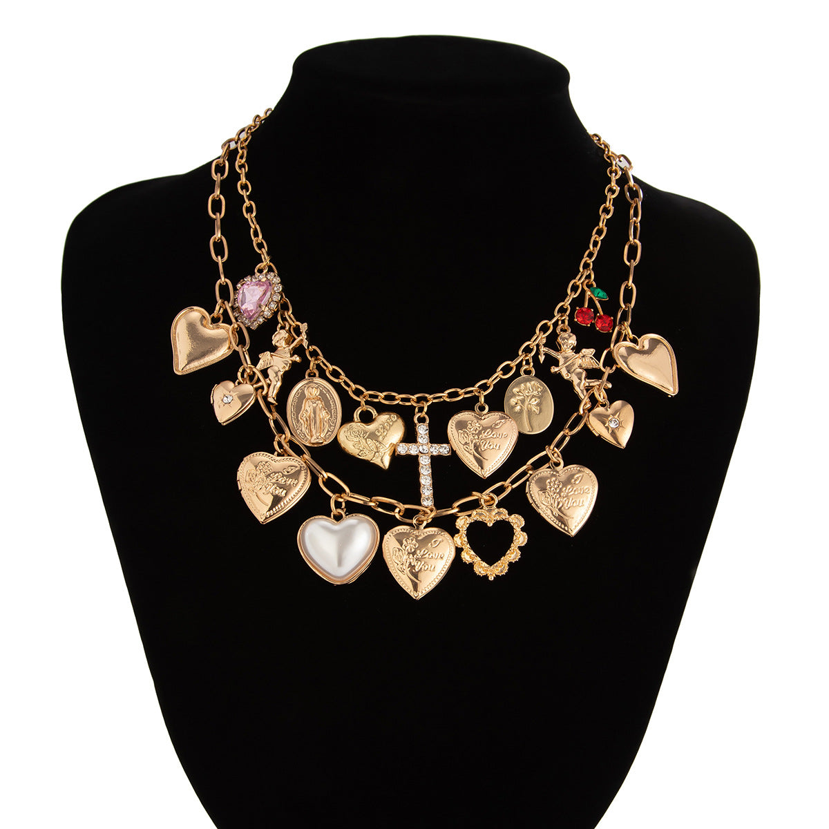 Ellena Layered Pearl Heart Cross Necklace - Style 1 [3024870Z]