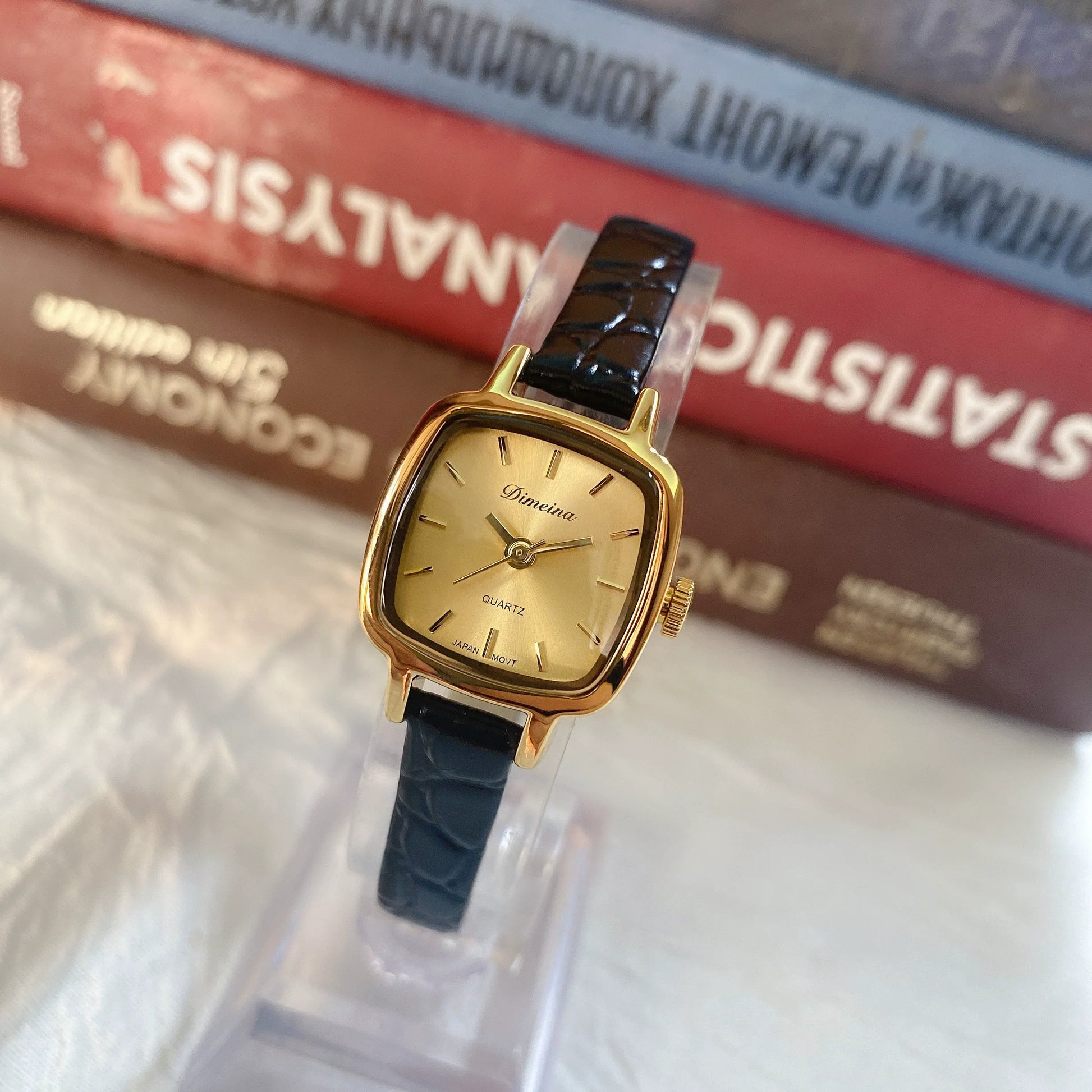 Yatziry Vintage Gold Tone Watch - Black with Gold Face & Black Strap