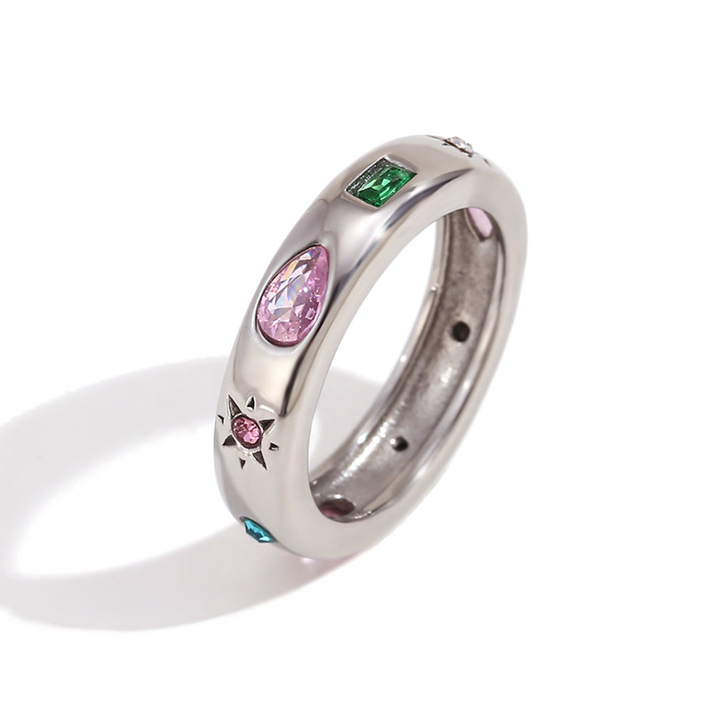 Maimouna Zircon Ring - Rectangular Teardrop Geometric Zircon Ring - Steel Colorful - Size 6 [NX5WAT5N]