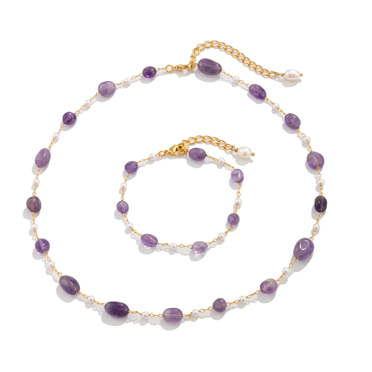 Rose Gemstone Beaded Necklace - Purple Natural Stone Necklace + Bracelet Set [DMZ08PIV]