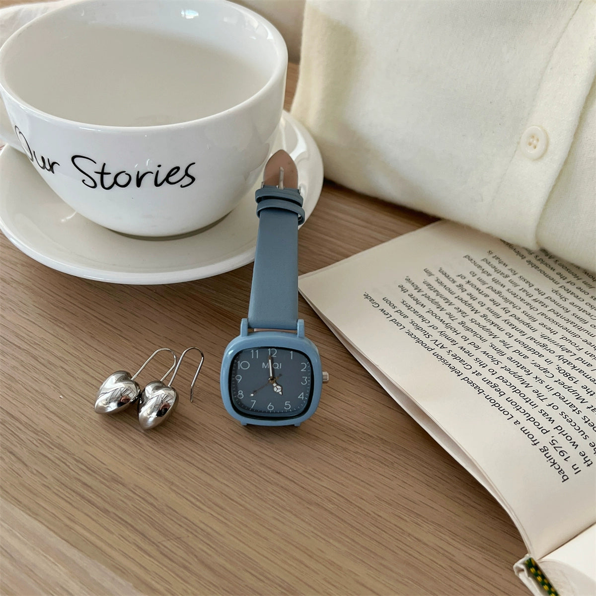 Ariana Modern Square Wrist Watch - Grey Blue Full Numbers (Leather Strap) [9L0RB4IT]