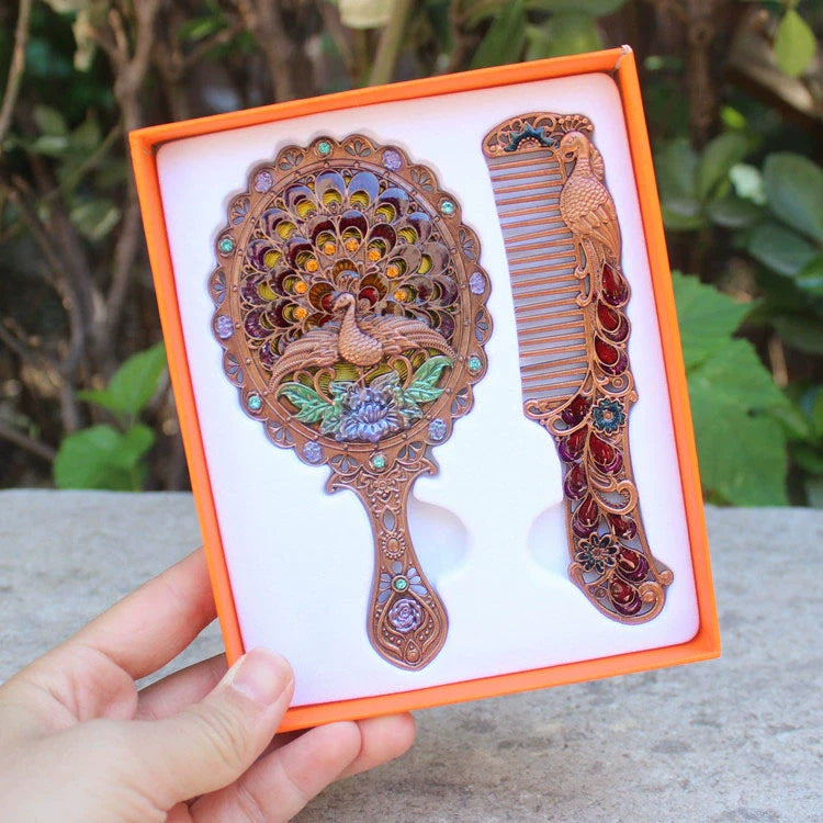 Hillary Vintage Mirror Set - Antique Bronze Spreading Tail Peacock - Yellow Box