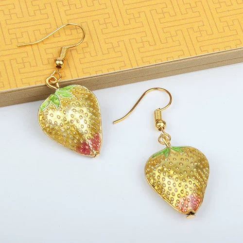 Adia Vintage Enamel Drop Earrings - Gold Strawberry