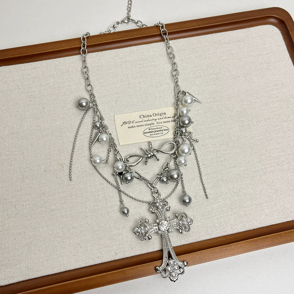Jazlene Layered Cross Pearl Necklace - Multi-Layered Cross Necklace [H8E0FUR2]