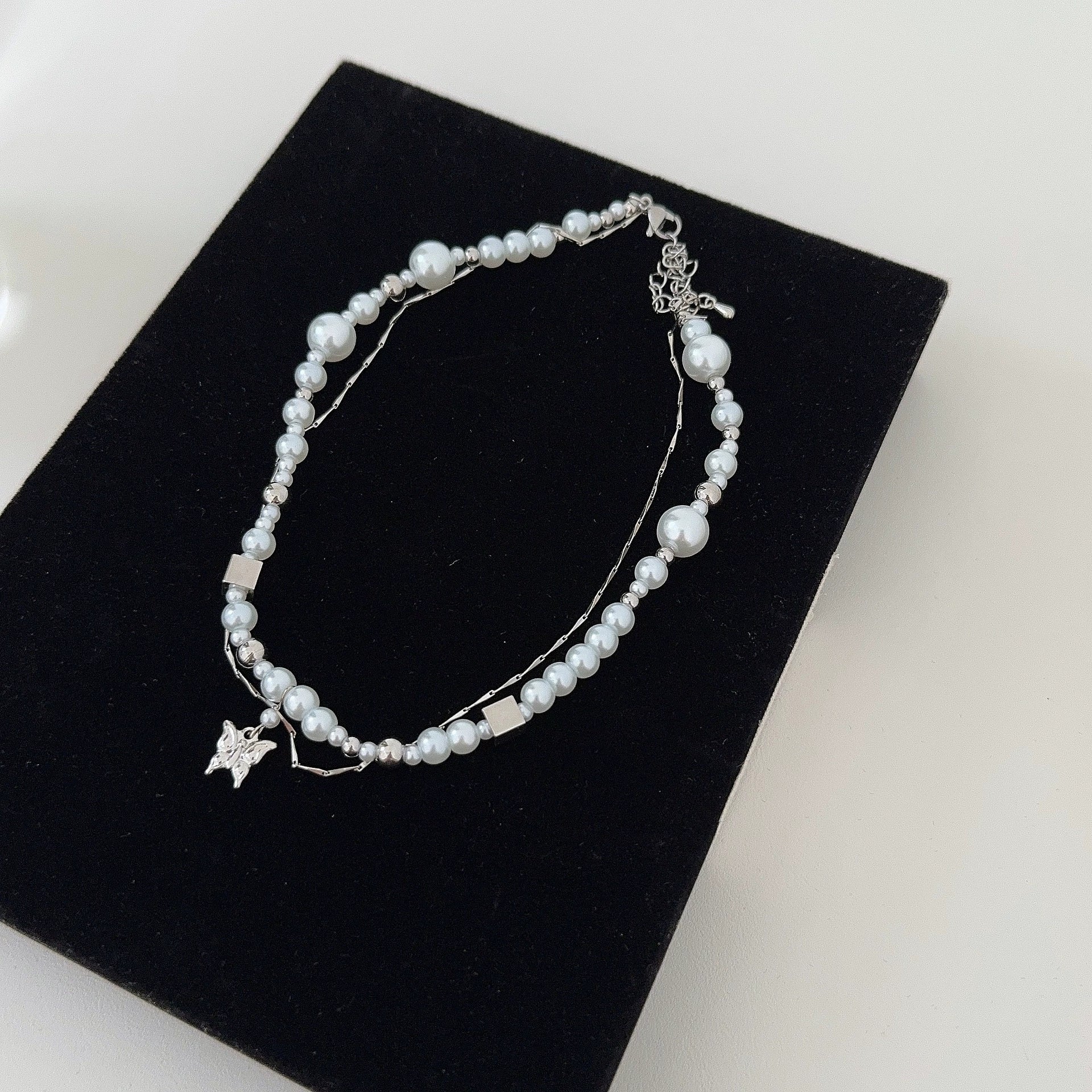 Ilhan Pearl Butterfly Necklace - Butterfly Double Layer Necklace [FLRK7V1Z]