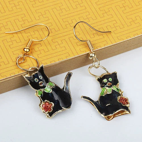 Adia Vintage Enamel Drop Earrings - Black Kitten