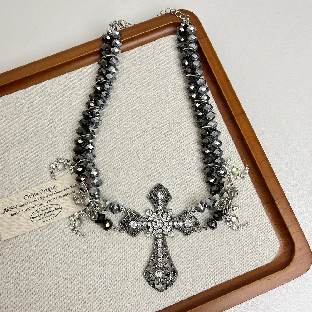 Ameya Pearl Cross Layered Necklace - Black Cross Necklace [AIYV9VLF]
