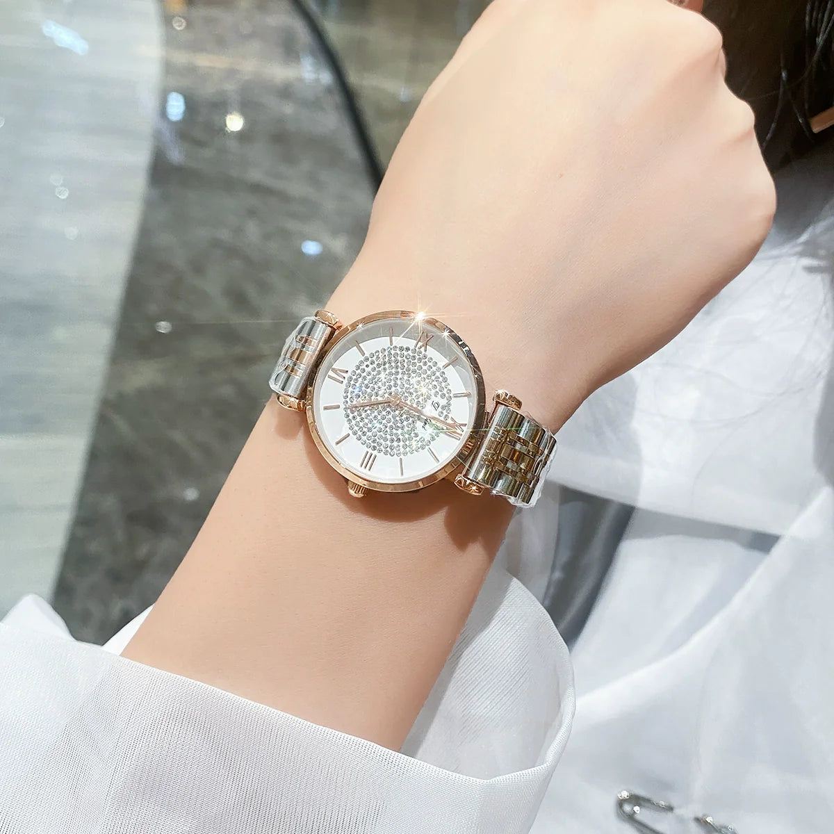 Christal Refined Pave Watch - Two-Tone Rose Gold with Pave Dial