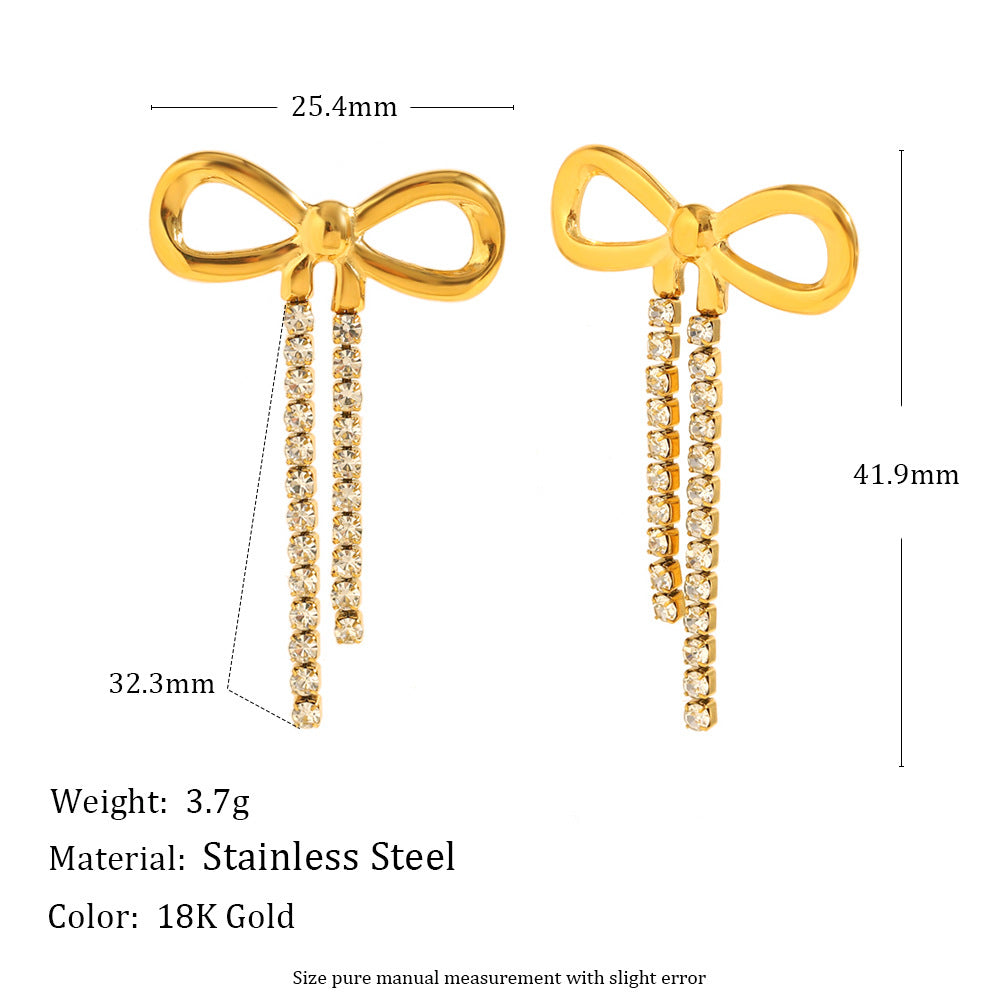 Sarayu Bow Zircon Tassel Earrings - Bow Zircon Stud Earring - Gold [RRIFJIMJ]