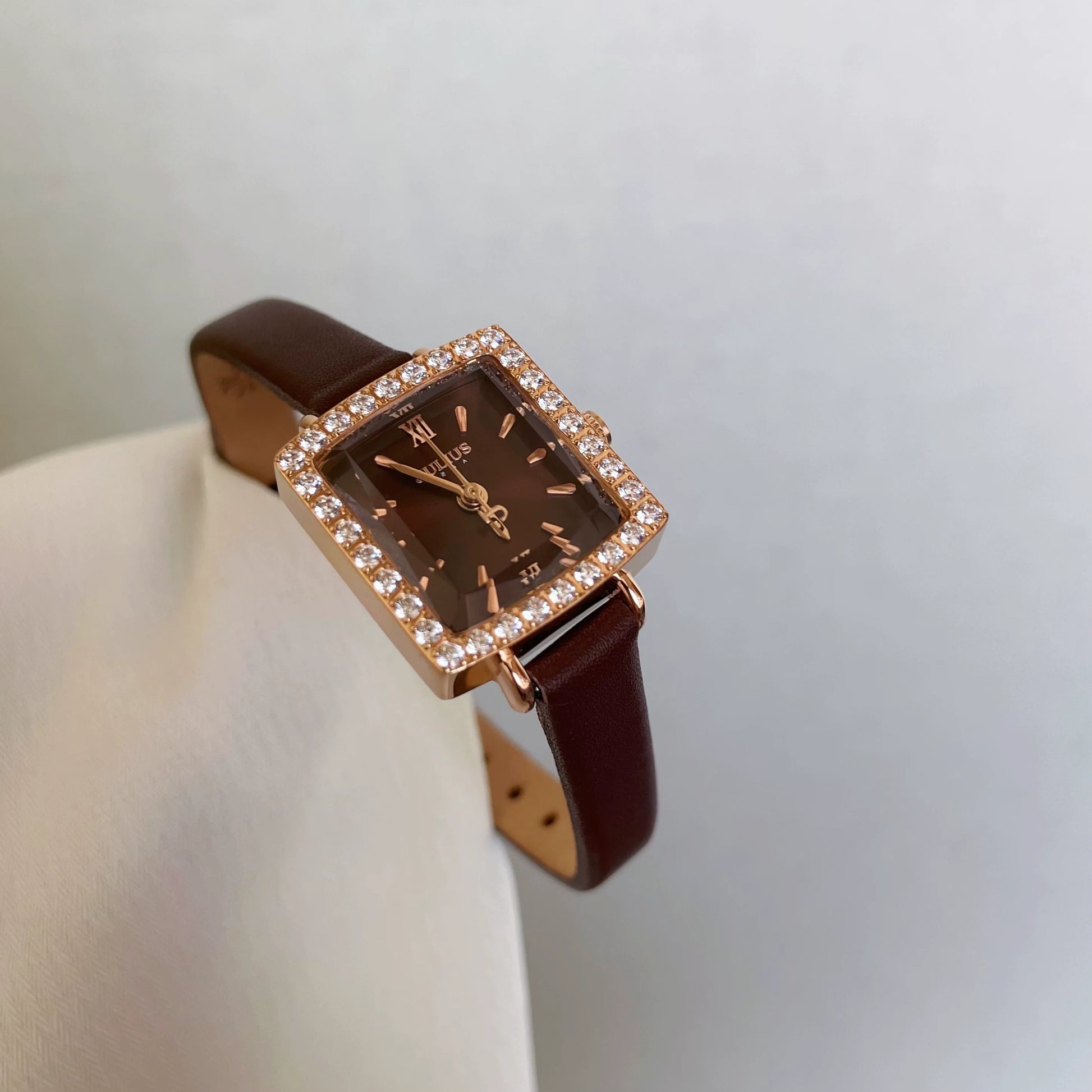 Ameliah Square Rhinestone Watch - Rose Gold Case Brown Strap