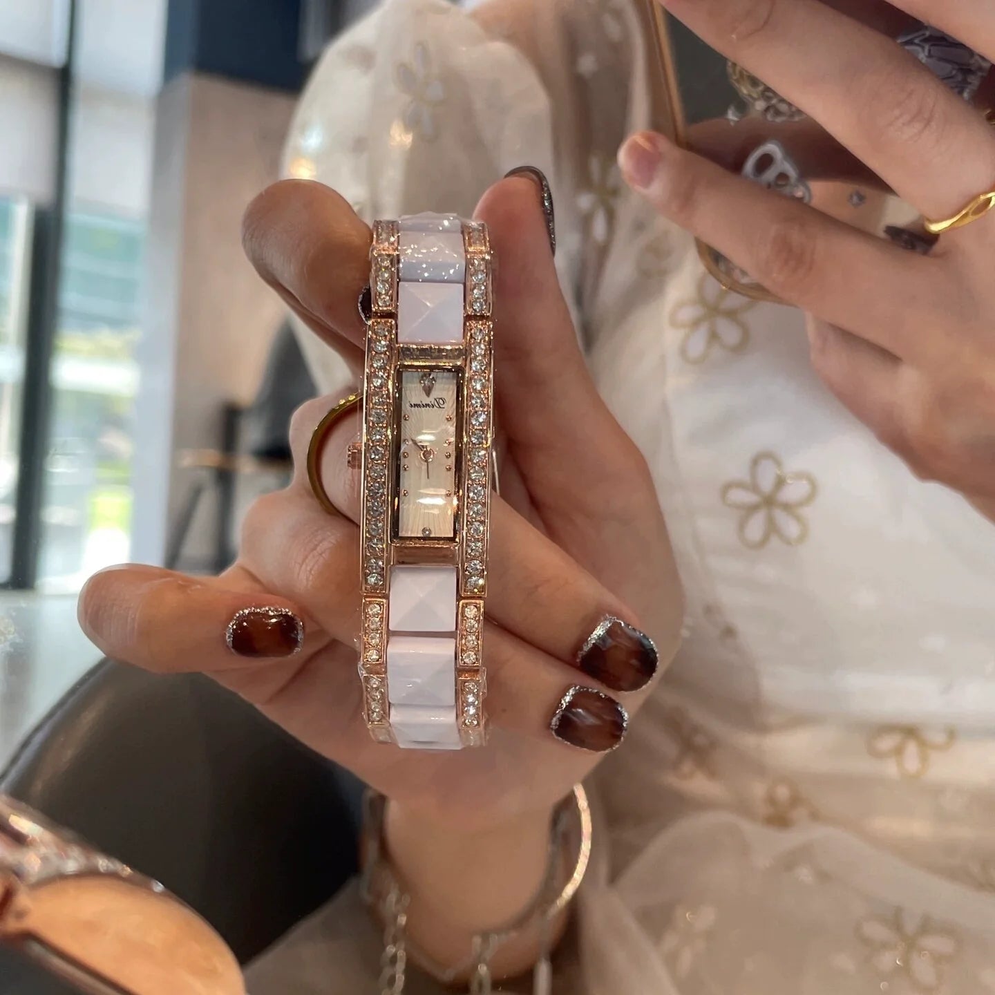 Edie Petite Square Watch - Ceramic White Rose Gold