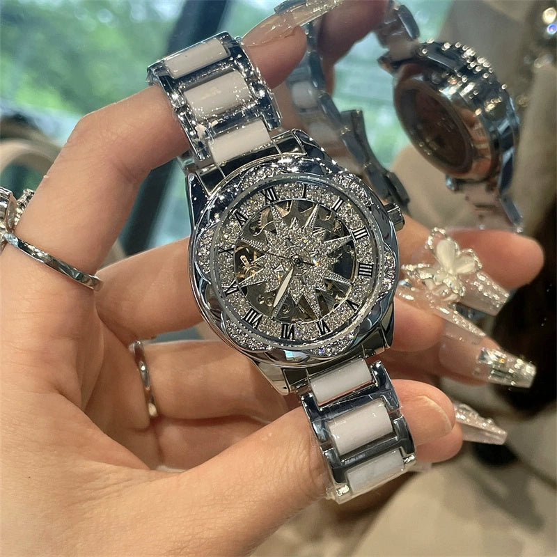 Tristyn Sunflower Mechanical Watch - Silver Dial with Ceramic Strap [DPR2LTVR]
