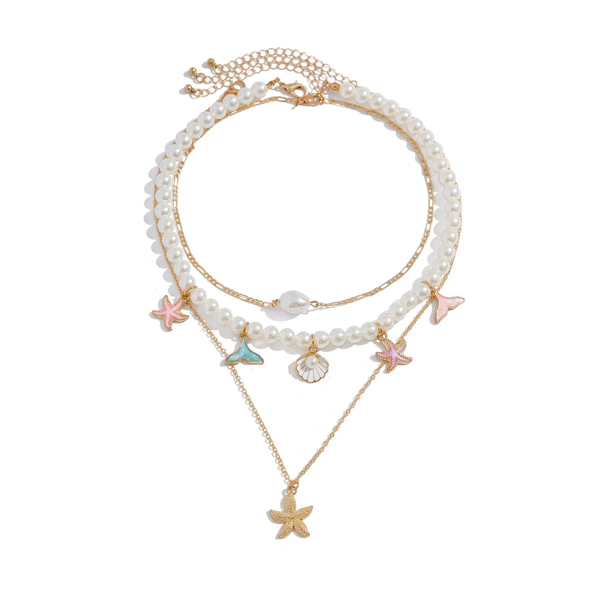 Assata Layered Pearl Starfish Necklace Set - Gold